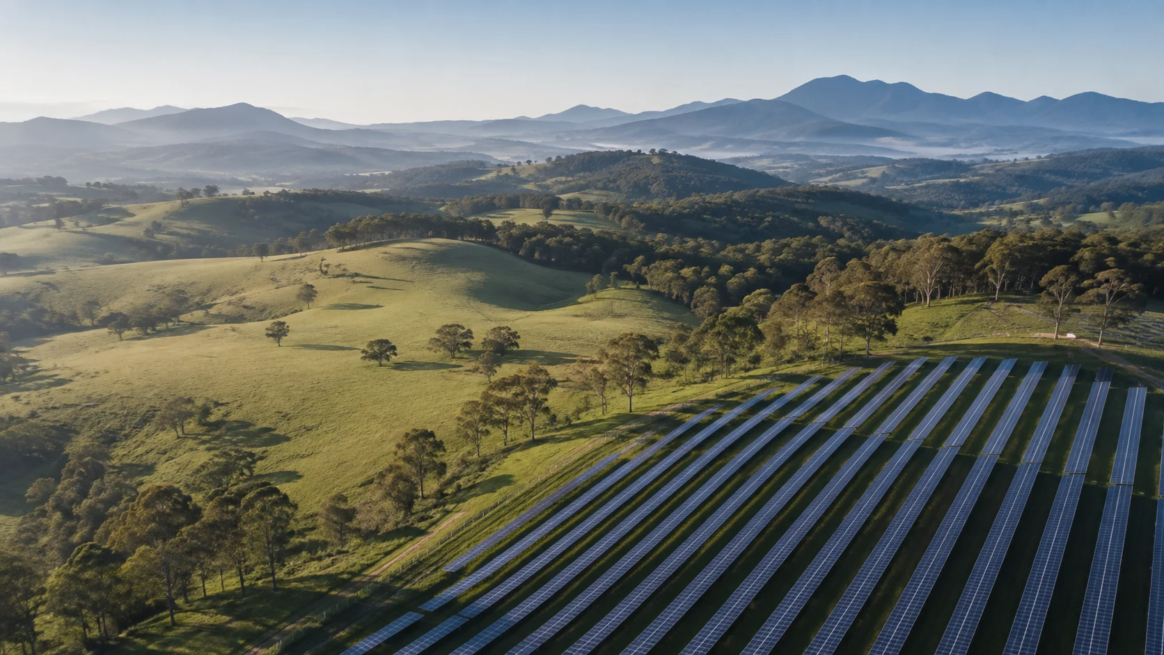 Illustrative aerial landscape of solar panels among green Australian hills